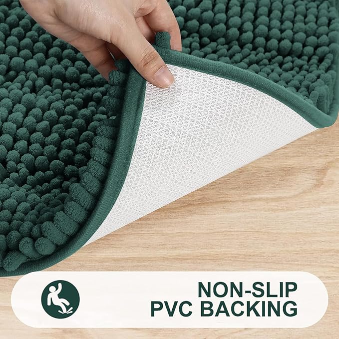 Grandaily Chenille Striped Bathroom Rugs 30x20, Extra Thick and Absorbent Bath Mats, Non-Slip Soft Plush Shaggy Shower Carpet, Machine Wash Dry, Bath Rug for Bathroom, (Medium, Blackish Green)