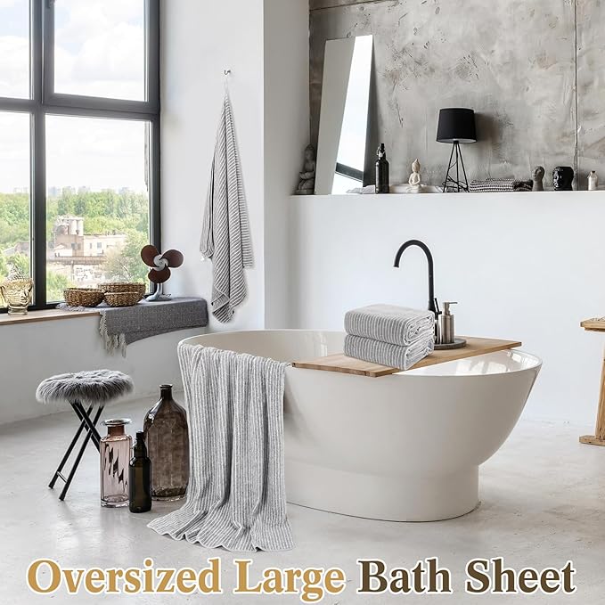 4 Pieces Extra Large Grey Striped Bath Towels Set 35 x 70 in Coral Fleece Oversized Bathroom Pool Towel Highly Absorbent Soft Quick Dry Shower Bath Sheets for Hotel Spa Pool