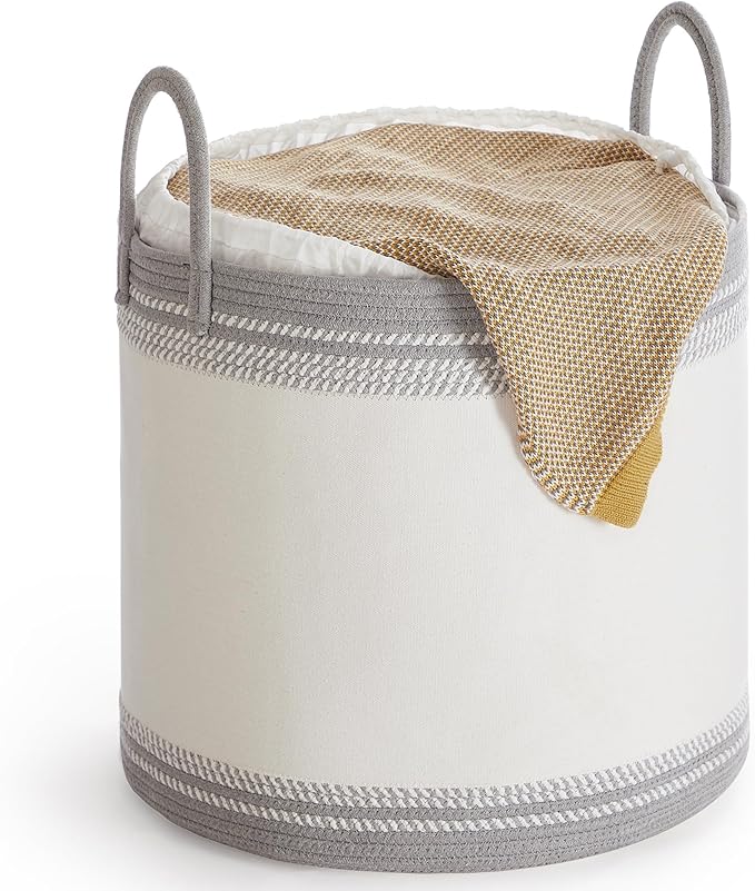 SONGMICS Laundry Hamper, Cotton Rope Laundry Basket with Handles, for Clothing, Living Room, Bedroom, 23.8 Gallons, 19.7 x 19.7 x 18.1 Inches, Cloud White and Dove Gray URLH090G01