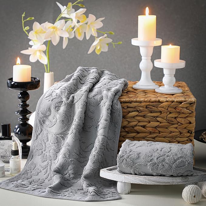 2 Pcs Quality Floral Jacquard Hand Towels Set for Bathroom Gray Hand Towels 100% Cotton Absorbent Decorative Weave Bath Decor Neutral Bathroom Decor Gift, 13.7 x 29.5 Inch