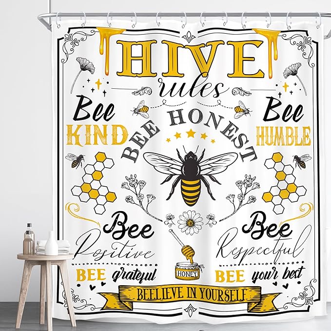 Homewelle Black Yellow Bee Quotes Shower Curtain Long Rustic Inspirational Motivational Words Retro Floral Daisy Honeycomb 72Wx78H Inch Farmhouse Vintage Waterproof Polyester Fabric Bathroom Bathtub