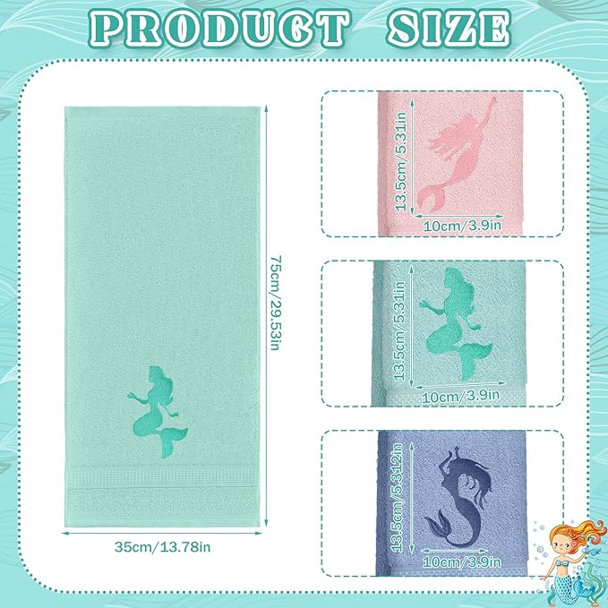 3 Pack Coastal Mermaid Hand Towels for Bathroom 100% Cotton Embroidered Beach Bathroom Towels 13.78 x 29.53 Inch Soft Absorbent(Pink Green Blue, Mermaid)