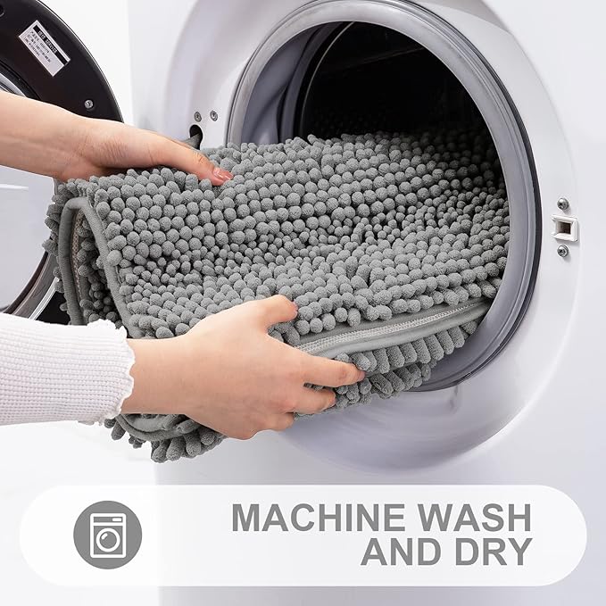 Grandaily Chenille Striped Bathroom Rugs 59x35, Extra Thick and Absorbent Bath Mats, Non-Slip Soft Plush Shaggy Shower Carpet, Machine Wash Dry, Bath Rug for Bathroom, Dark Gray