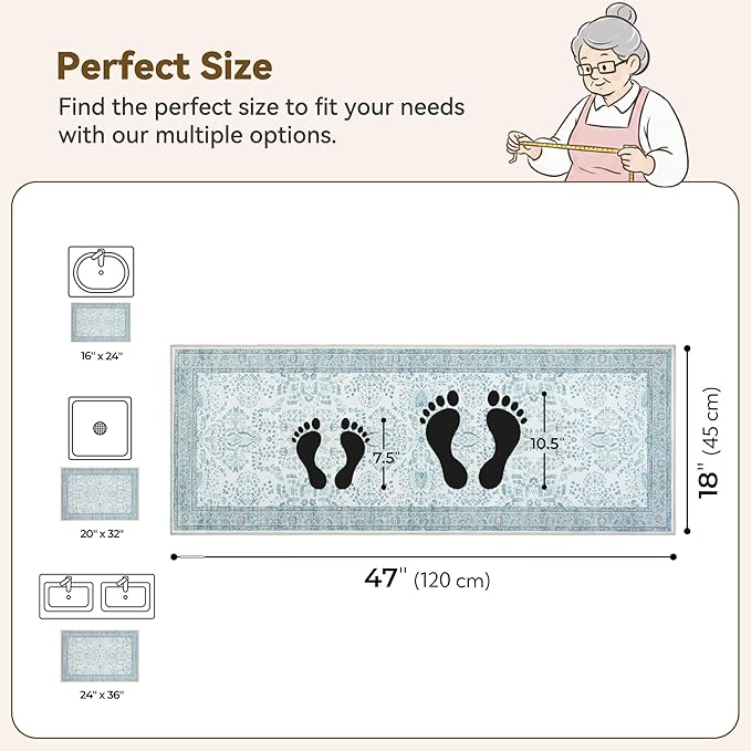 GRANNY SAYS Boho Bathroom Runner 47"x 18" Non-Slip,Quick Dry & Washable Vintage Bath Rug,Distressed Farmhouse Plush Velvet Bath Mat for Sink Shower and Bathtub, Vintage Blue