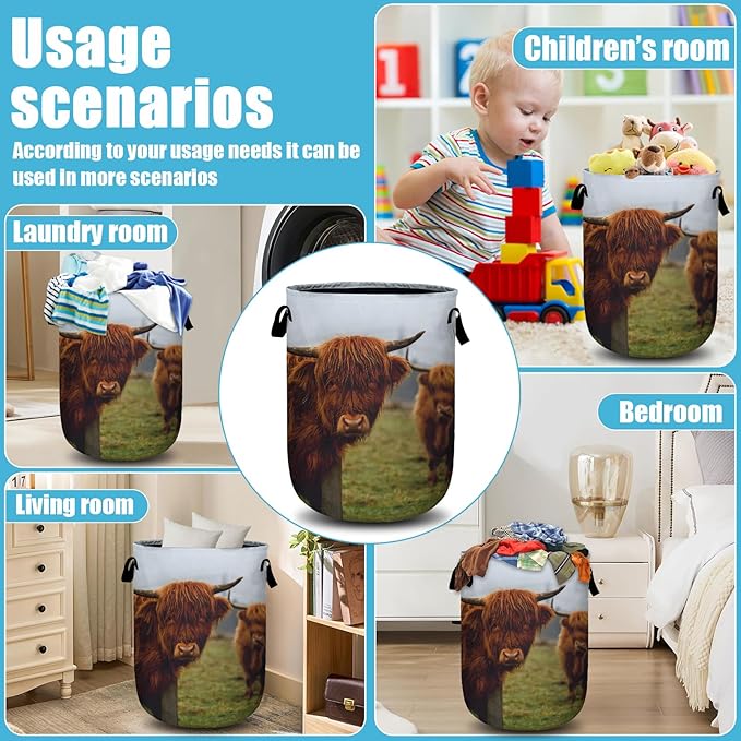 Highland Cow Laundry Basket, Laundry Hamper Collapsible Oxford Cloth with Handle Clothes Toy Storage Bin for Bathroom Laundry Room Bedroom 15.7 X 20 Inch