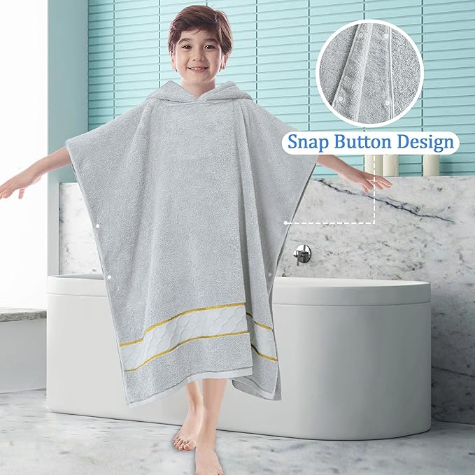 32"X64" Large Turkish Poncho Towels for Big Kids (8-14Years), 100% Cotton | Thick 600GSM | Absorbent | Large | Bathrobes for Boys | Girls | Teens, Perfect for Swim | Bathroom | Pool | Gifts,Light Gray