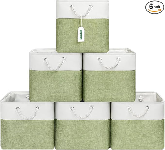 13x13 Inch Cube Storage Bins with Reinforced Bottom Cardboard, 6 Pack Large Foldable Fabric Storage Cubes with Handles for Shelf, Closet, Laundry Organization (White&Green)
