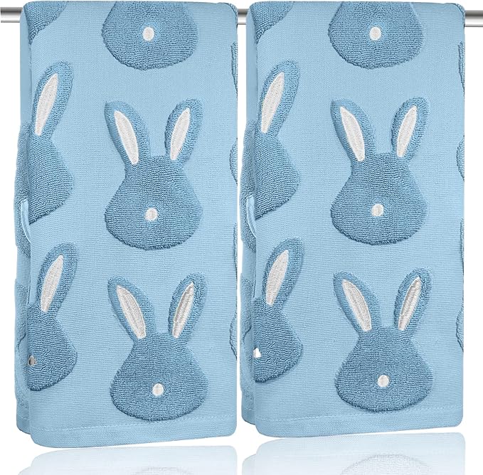2pcs Easter Bunny Hand Towels Set 100% Cotton Soft Absorbent Spring Bathroom Hand Towels 14x29 Inch Cute Jacquard Easter Kitchen Decor Towels Holiday Kitchen Bathroom Decor Gift(Blue)