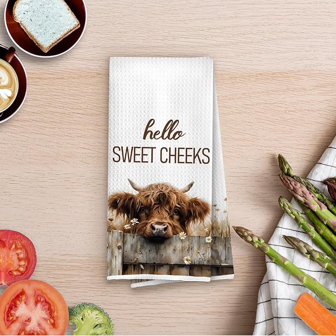 Hello Sweet Cheeks Highland Cow Bathroom Hand Towels 16x24 Inch, Farmhouse Highland Cow Kitchen Dish Towels Drying Cloth, Farmhouse Bathroom Kitchen Decor