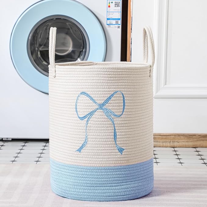 Honeydak Blue Laundry Basket Bow Hamper Coquette Laundry Basket Cotton Rope Blue Hamper 15 x 17.7 Inches Toy Box Large Coquette Bow Teens Girls Room Storage for Blanket Toys Clothes Organization