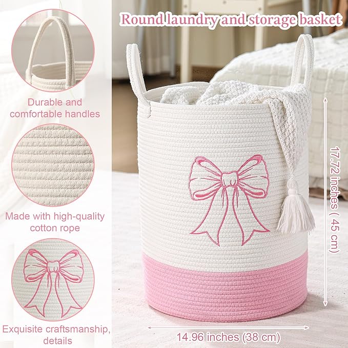 Honeydak Pink Bow Cotton Rope Laundry Basket Hamper Large Laundry Basket Hamper Coquette Bow Room Decor for Girls Girly Nursery Storage Bin Tall Round Organizer for Blanket Toys Clothes