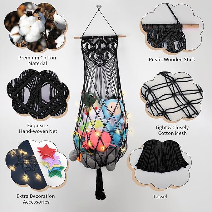 63'' Jumbo Stuffed Animal Storage Hammock Corner, Boho Macrame Stuffy Hammock for Wall Ceiling Over Door Hanging Toy Hammock, Black Plush Toy Net Holder w/ Star Lights for Kids Boys Girls Gift