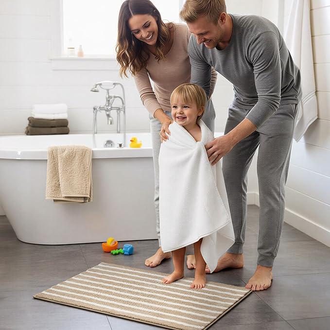 GRANNY SAYS Striped Bathroom Rugs Non Slip, 20" x 32", Bath Rugs for Bathroom Washable, Bath Mats for Floor, Microfiber Bath Mat for Tub, Absorbent Bath Rugs for Shower Room, Beige