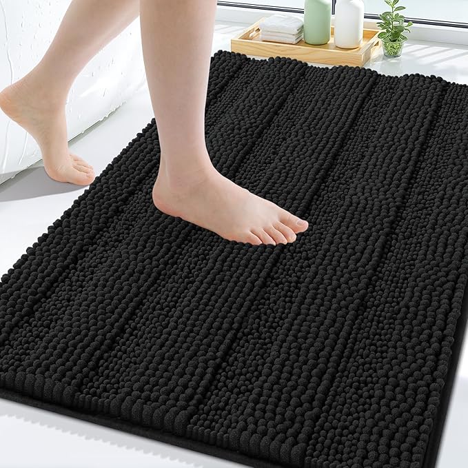 Grandaily Chenille Striped Bathroom Rugs 24x16, Extra Thick and Soft Absorbent Bath Mats, Rubber Backing, Plush Shaggy Shower Carpet, Machine Wash Dry, Bath Rug for Bathroom, Deep Black
