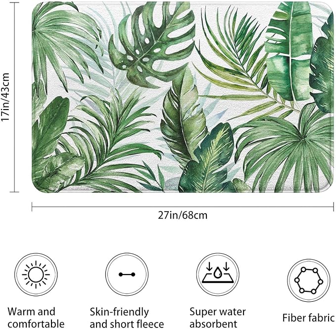 Green Leaf Plant Imitation Cashmere Bathroom Mat Rug - Rubber Non-Slip Absorbent Soft Bathroom Rugs for Bathtub Shower Sinks (17" W x 27" L)