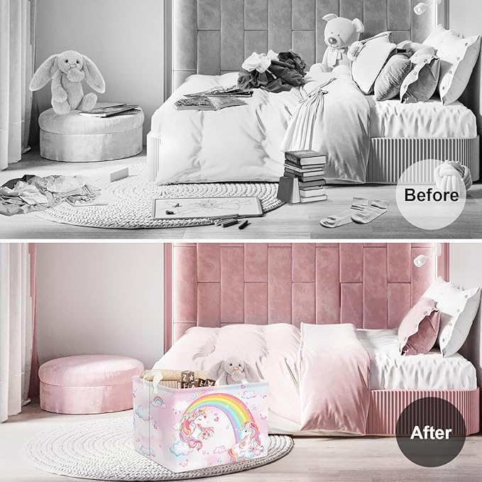 Clastyle Collapsible Large Rainbow Unicorn Baby Girl Basket Pink Flower Cloud Butterfly Book Shelf Basket with Handle Rectangle Toy Clothes Cube Storage Basket for Kids Room Nursery