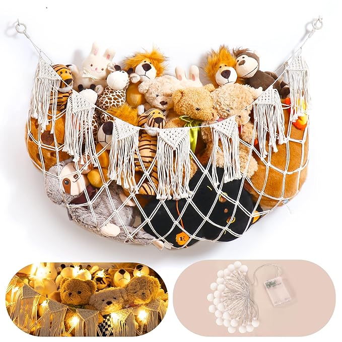 Stuffed Animal Storage Hammock with Lights- Boho Wall Hanging Plushie Net for Stuff Aanimal Organizer and Teddy Bear Storage, Small Toy Hammock for Kids Bedrooms Playroom Nursery(White Small)