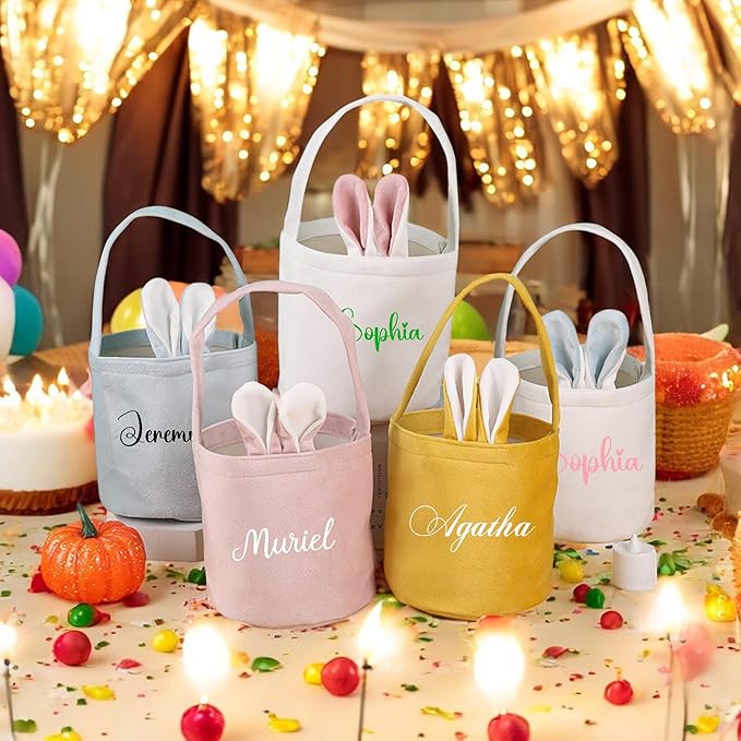 Custom Name Easter Tote Basket Cute Solid Colour Bunny Ears Basket Personalised Easter Bunny Bucket