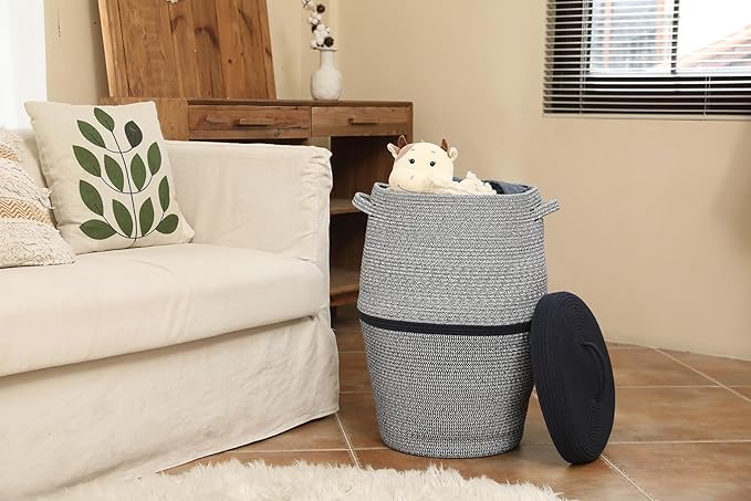 26" x 20" Handcrafted Tall Cotton Rope Basket with Lid, Stylish Flagon Shape with Cover, Clothes Hamper with Top, for Bedroom and Living Room, Two Sides Dark Blue Mix