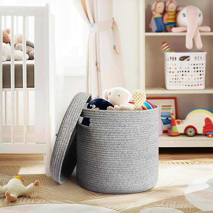 Storage Basket with Lid, Woven Blanket Storage for Living Room, Soft Cotton Rope Bin with Lid, Round Wicker Laundry Basket with Cover, Lidded Kid Dog Toy Box, Nursery Organizer, 15"x13", Gray
