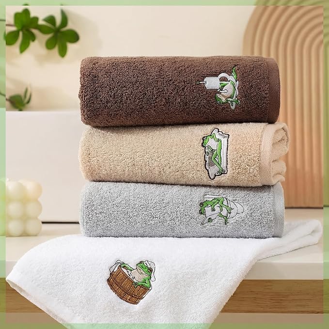 4 Pcs Frog Bathroom Towels Set Soft Cotton Hand Towels Embroidered Frog Design Washcloths for Bathroom and Kitchen Fun Decorative for Housewarming Gift Bath Face