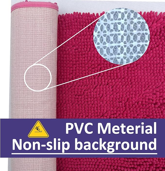 Hot Pink Chenille Striped Bath Rug Set - 20" x 32"/16" x 24" Non Slip Thick Soft Bath Mats for Bathroom, Kitchen/Living Room
