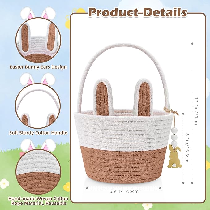 Easter Baskets for Kids, Small Bunny Personalized Easter Basket Empty with Handle, Basket Name Tags, Woven Rope Baby Easter Egg Baskets for Babies Girls Boys Toddler Infant, 8.7" x 6.9" x 6.3"