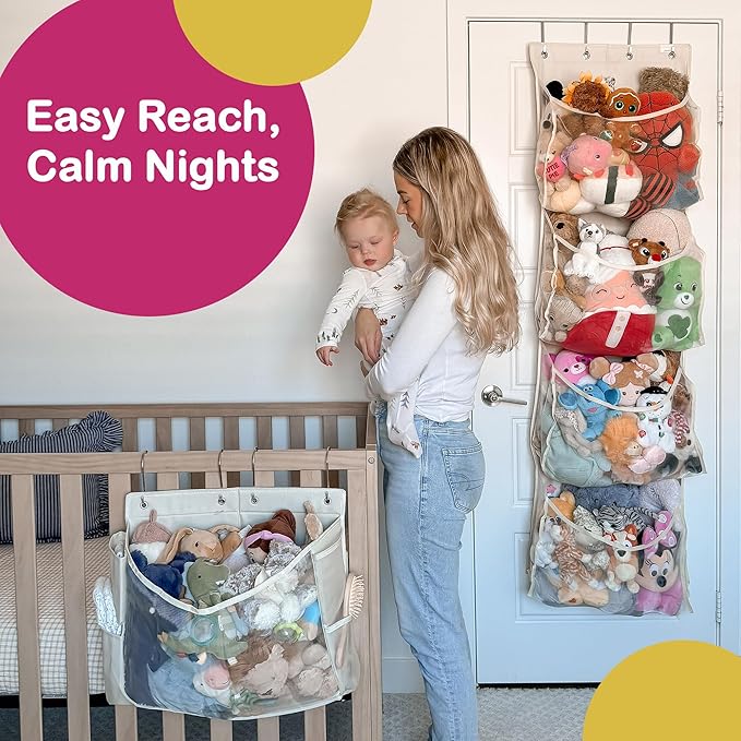 Stuffed Animal Storage | 2 in 1 Bedside and Over the Door Stuffed Animal Organizer | Space-saving Stuffy Holder with Extra Pockets | Kids Toys Hanging Plushie Holder with Reinforced Sides | Bed caddy