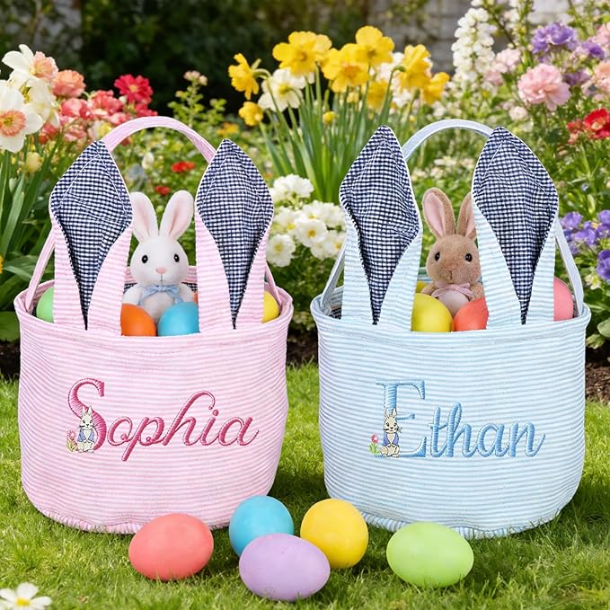 Personalized Easter Embroidered Basket with Name, Custom Seersucker Bunny Easter Egg Hunt Baskets for Kids, Monogram Cute Party Candy Bag with Handles, First Easter Gifts for Baby Girls Boys
