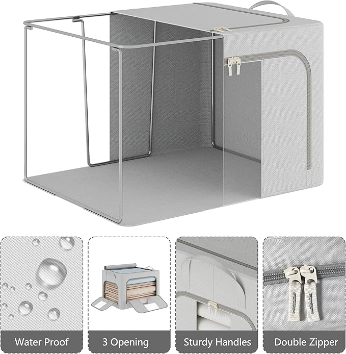Pinkpum 3 Pack Clothes Storage Bins with Metal Frame, Closet Organizers and Storage Boxes, Stackable & Foldable Clothes Organizer Bags with Large Clear Window & Long Carry Handles, Grey 100L