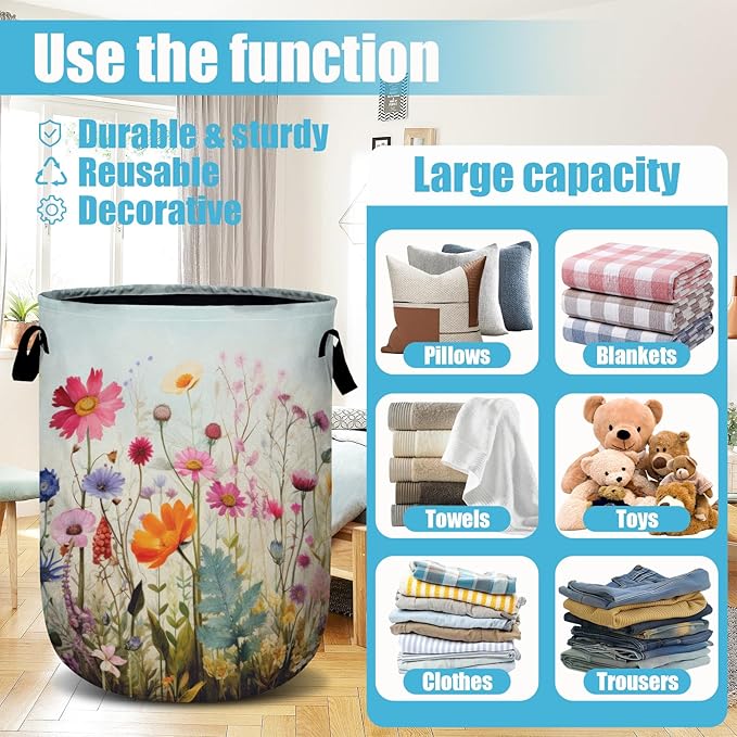Colourful Blooming Wildflower Laundry Basket, Laundry Hamper Collapsible Oxford Cloth with Handle Clothes Toy Storage Bin for Bathroom Laundry Room Bedroom 15.7 X 20 Inch