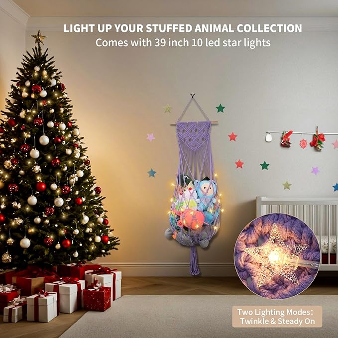 Stuffed Animal Storage Net, 63’’ Jumbo Stuffed Animal Hammock Corner Wall Ceiling Over Door Hanging Toy Hammock Organizer, Purple Boho Macrame Plushie Toy Net w/ LED Lights for Baby Boys Girls Gift