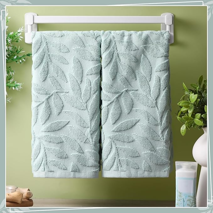 2 Pcs Green Leaves Hand Towels for Bathroom Green Leaves 100% Cotton Jacquard Weave Bath Towel Set Soft Absorbent Dish Washcloth for Bathroom Kitchen Summer Theme Gifts 13.8 x 29.5 Inch