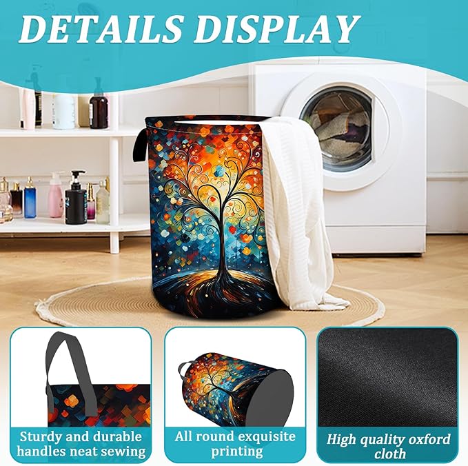 Colorful Love Tree Laundry Basket, Foldable Waterproof Oxford Cloth Spring Laundry Hamper Funny Tote Bag Dirty Clothes Storage Bucket Toy Organizer for Bathroom/Laundry/Bedroom 15.7"x19.6"