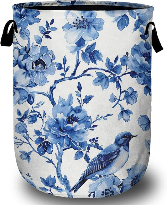 Blue Flower Bird Laundry Basket, Foldable Waterproof Laundry Hamper Tote Bag Dirty Clothes Storage Bucket Toy Organizer for Bathroom/Laundry/Bedroom 15.7"x19.6"