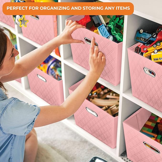 FH Group JIAessentials 12" Faux Leather Foldable Storage Cube Bins Set of 2 – Pink Diamond Patterned Organizers with Handles for Closet & Shelves