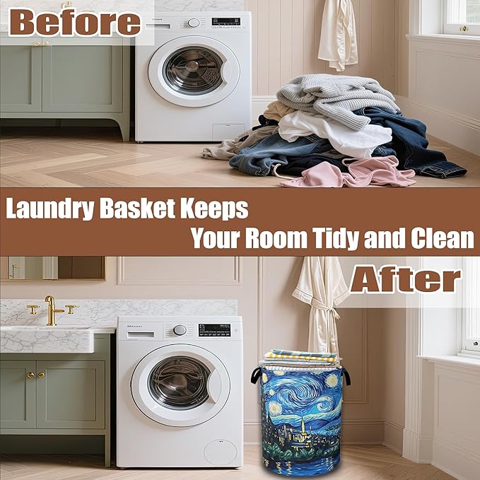 Starry Night Laundry Basket,Waterproof Foldable Laundry Hamper,Dirty Clothes Basket, Linen Bin Storage Organizer Collection 16" x 20.8"