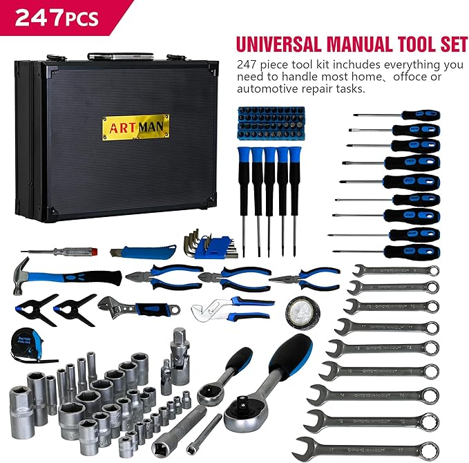 Combined Maintenance Toolset Suitcase-247 Pieces of Basic Home Mechanic Toolbox.General Machinery Tool Set.Home Mechanic Tool Kit Box for Men