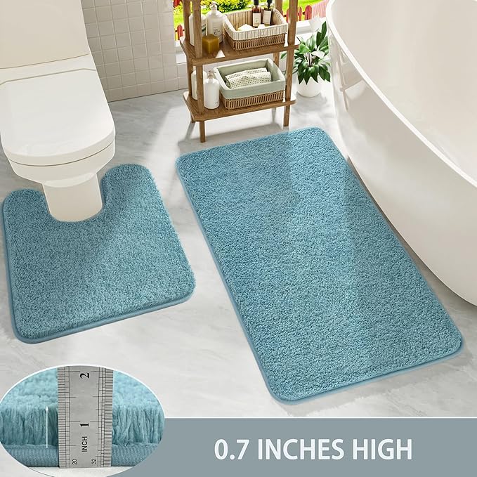 HOMORE Bathroom Rug Set 2 Piece, Soft Absorbent Bath Mats Set,Machine Washable Spa Blue Bath Rug Sets for Bathroom Non Slip,(21"x34"+21"x21") Plush Shaggy U Shape Contour Toilet