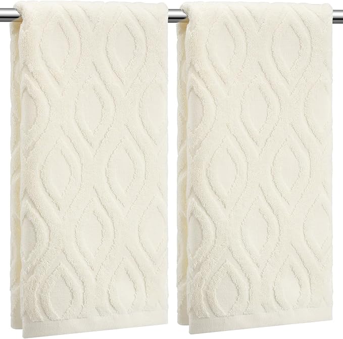 2 Pcs Quality Geometric Jacquard Hand Towels Set for Bathroom Cream White Hand Towels 100% Cotton Absorbent Decorative Weave Bath Decor Neutral Bathroom Decor Gift, 13.7 x 29.5 Inch
