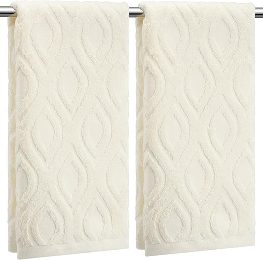 2 Pcs Quality Geometric Jacquard Hand Towels Set for Bathroom Cream White Hand Towels 100% Cotton Absorbent Decorative Weave Bath Decor Neutral Bathroom Decor Gift, 13.7 x 29.5 Inch