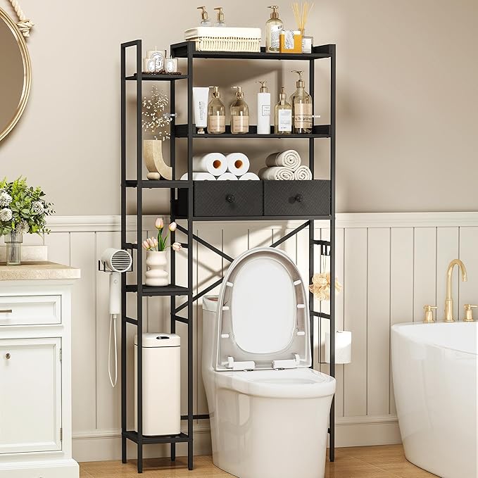 Over The Toilet Storage Shelf with Drawer, 7-Tier Above Toilet Bathroom Organizer with 4 Adjustable Side Shelves, Space Saver Freestanding Rack with Holder & Hook for Laundry Kitchen (Black)