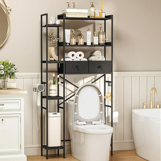 Over The Toilet Storage Shelf with Drawer, 7-Tier Above Toilet Bathroom Organizer with 4 Adjustable Side Shelves, Space Saver Freestanding Rack with Holder & Hook for Laundry Kitchen (Black)