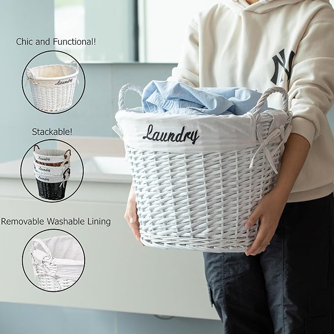Wickerwise Handwoven Laundry Basket with Liner & Handles - Boho Decorative Storage Hamper for Clothes Blankets Pillows and Towels - Ideal for Laundry Room Bathroom Bedroom and Living Room, White