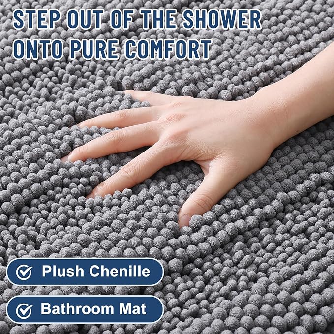 Grandaily Chenille Striped Bathroom Rugs 47x17, Extra Thick and Soft Absorbent Bath Mats, Rubber Backing, Plush Shaggy Shower Carpet, Machine Wash Dry, Bath Rug for Bathroom, Grey