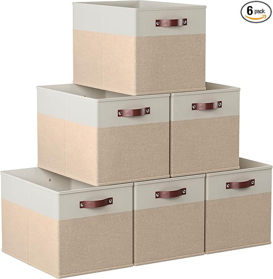Ornavo Home 13 x 15 x 13 Kallax Storage Cube Bins, Foldable Collapsible Fabric Storage Bins Box Linen Shelf Basket Cube Organizer for Closet with Leather Handles, 6 Pack, White/Khaki