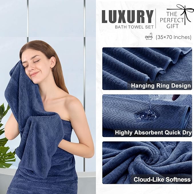 4 Piece Extra Large Bath Towel 35"x70" Oversized Bath Sheet Navy Blue Bath Towel Set for Bathroom Ultra Soft Cozy Highly Absorbent Quick Dry Bathroom Towel for Spa Gym Hotel,Shower Towel for Daily Use