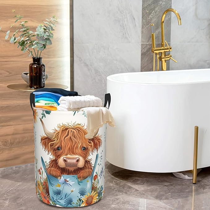 Highland Cow Large Storage Basket,Colorful Flowers Laundry Hamper/Bathroom/Home Decor/Collapsible Round Storage Bin,Boys Girls Dirty Clothes Hamper/Boxes/Toys Storage 16x20 Inch