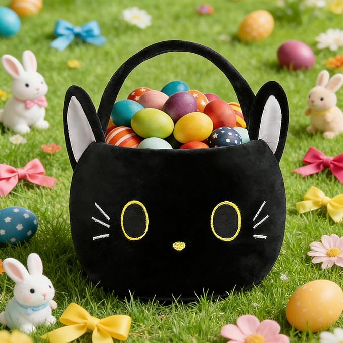 Easter Basket, Easter Baskets for Kids, Black Cat Baskets with Handle for Gifts Empty, Bunny Egg Hunting, Basket Stuffers Essentials