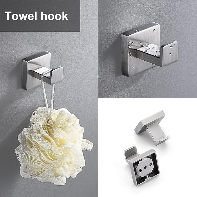 5 Pieces Brushed Nickel Bathroom Hardware Set Include 24inch Towel Bar,2pcsTowel Hooks,Toilet Paper Holder Square SUS304 Stainless Steel Bathroom Accessories Set Heavy Duty Wall Mounted